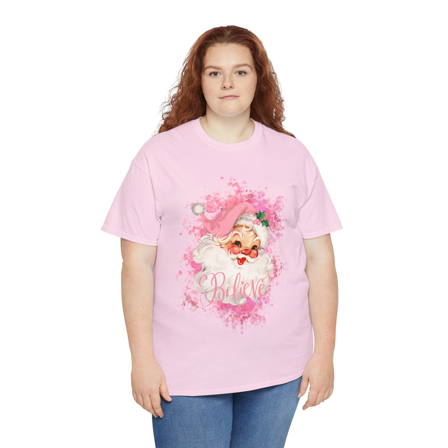 Unisex Heavy Cotton Tee PInk Santa "Believe"