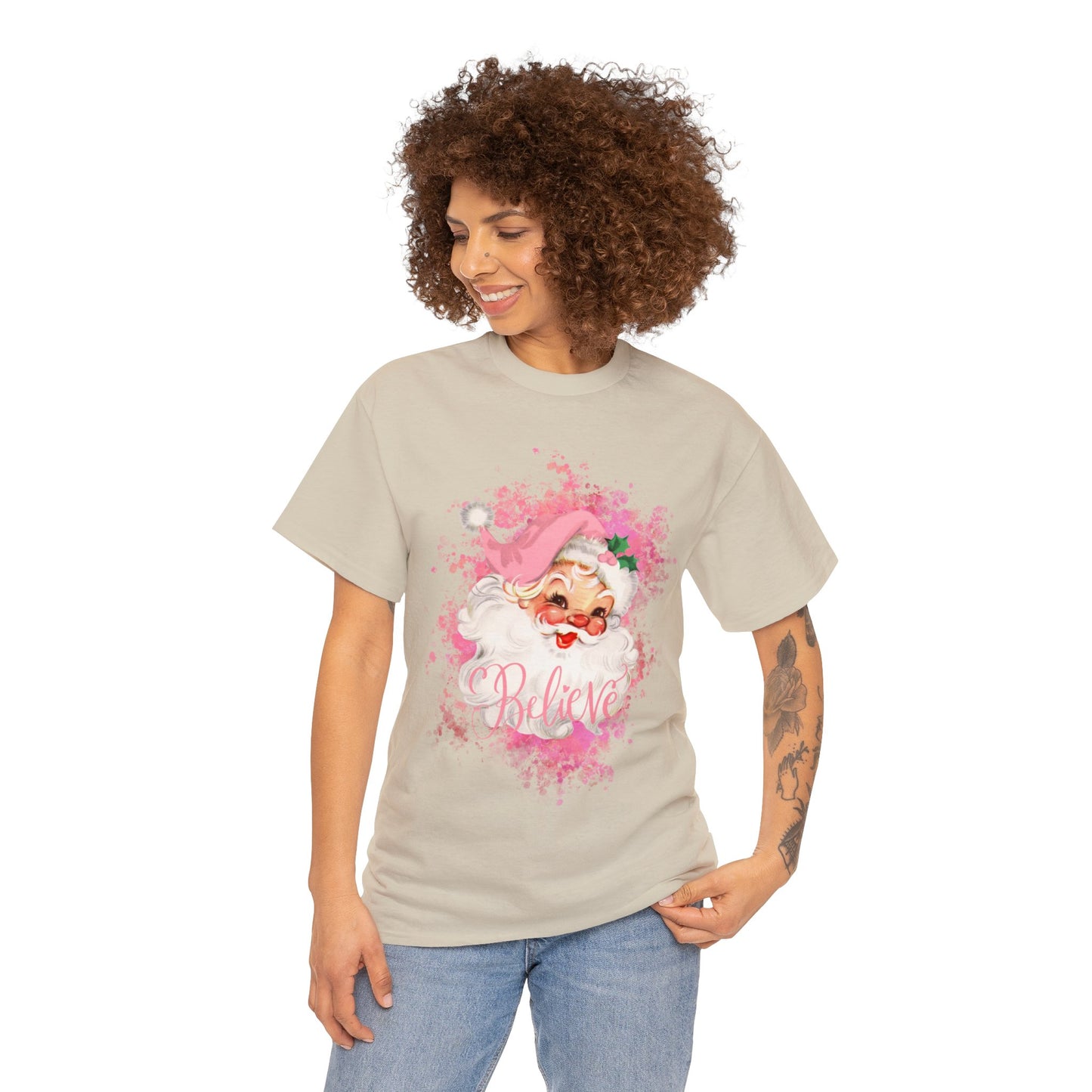 Unisex Heavy Cotton Tee PInk Santa "Believe"