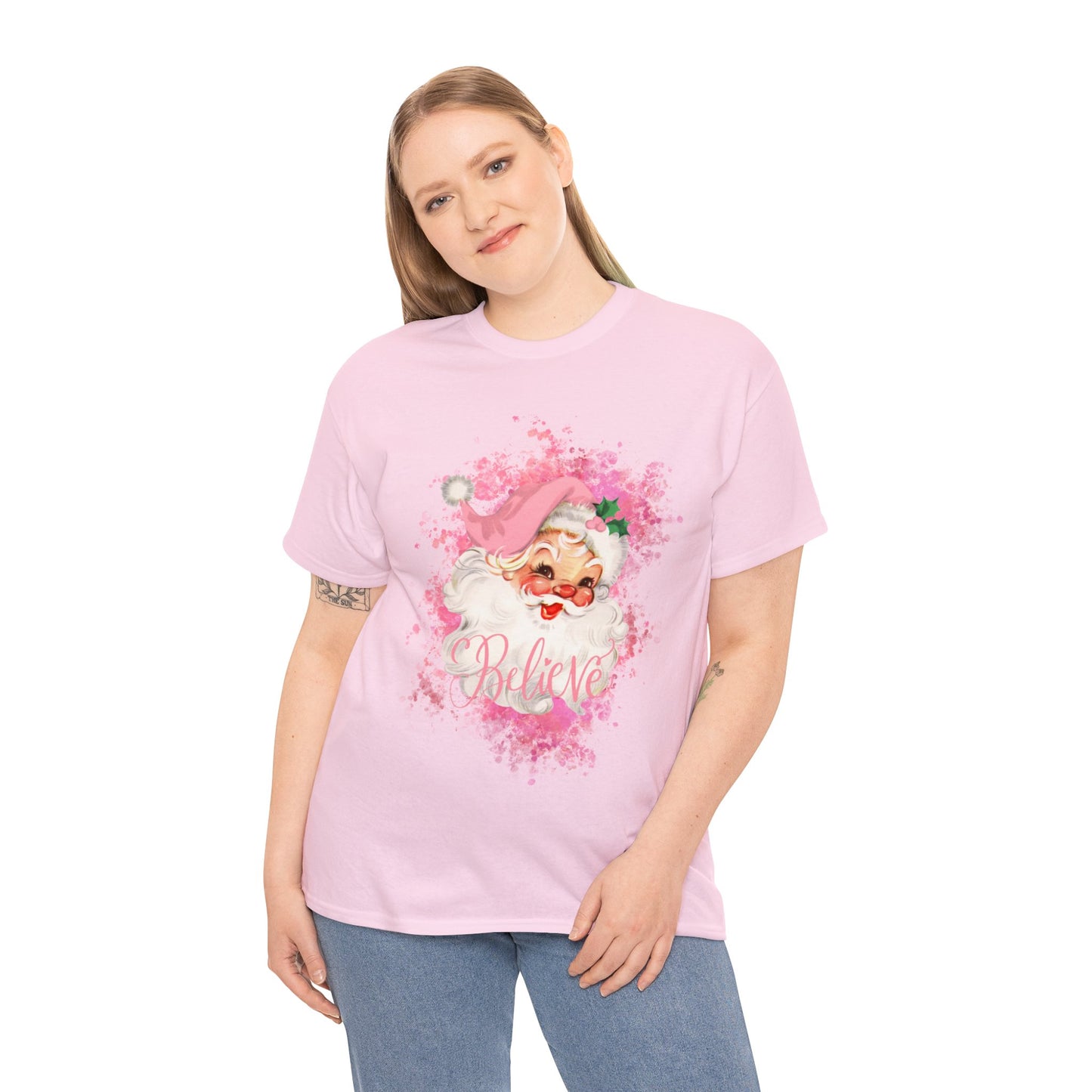 Unisex Heavy Cotton Tee PInk Santa "Believe"