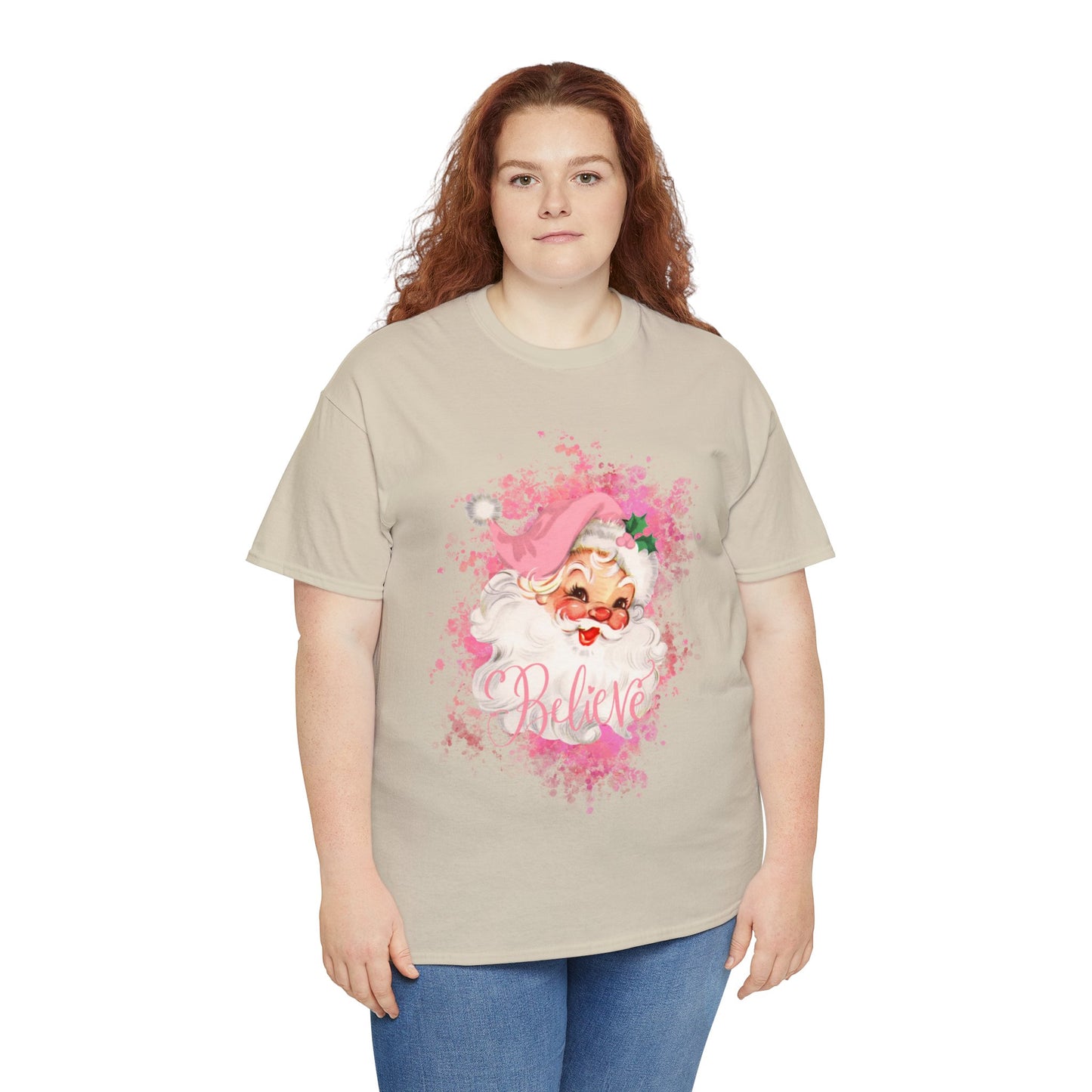 Unisex Heavy Cotton Tee PInk Santa "Believe"