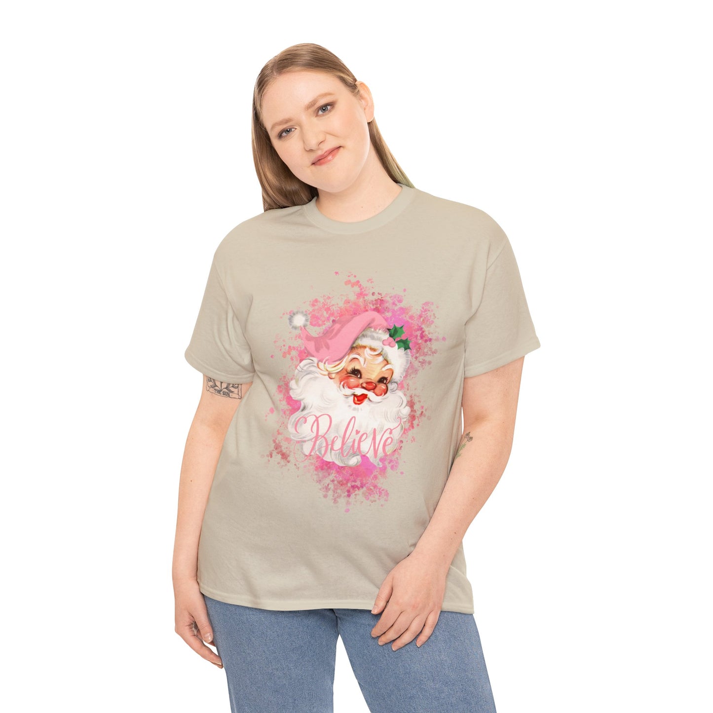 Unisex Heavy Cotton Tee PInk Santa "Believe"