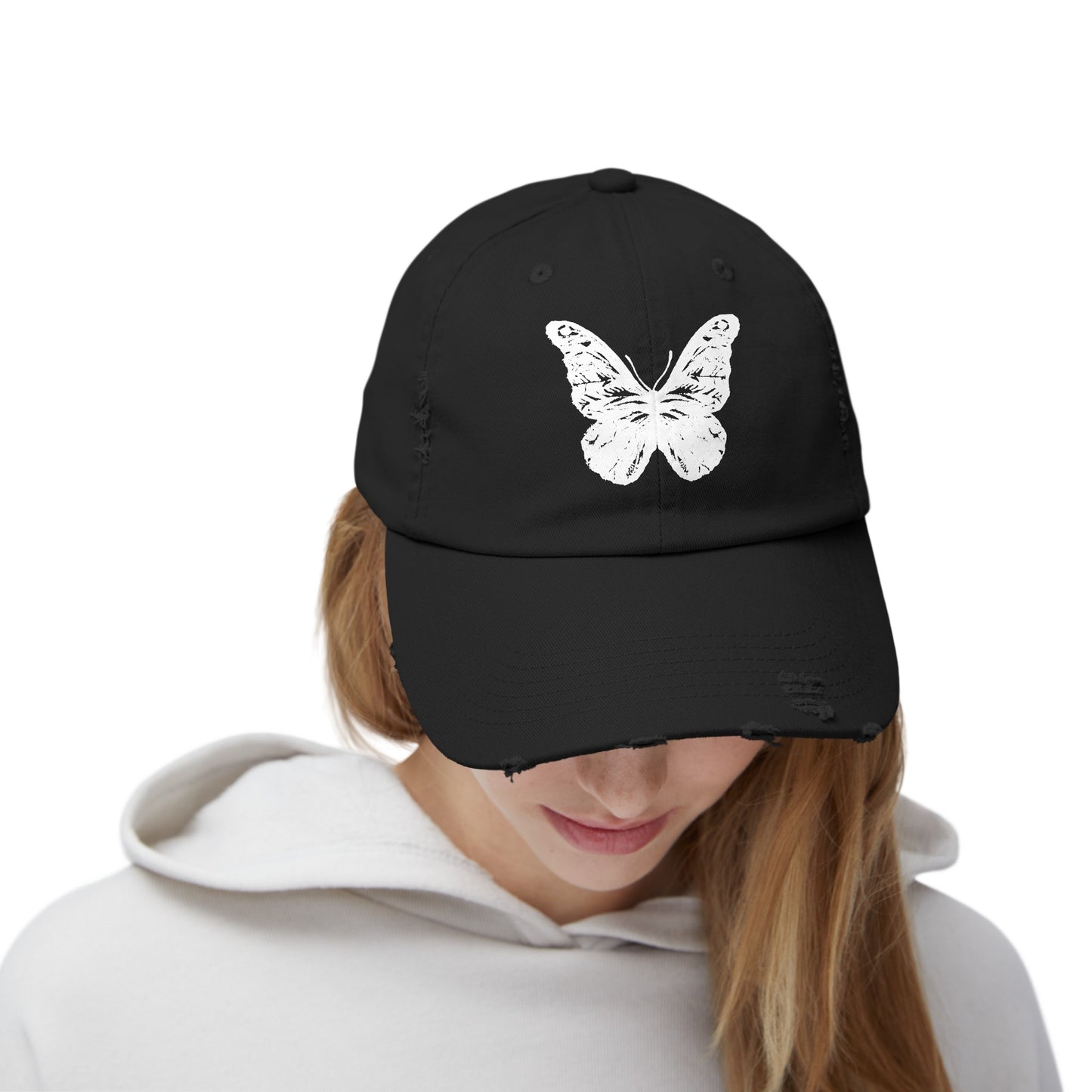 Unisex Distressed Cap white vintage butterfly