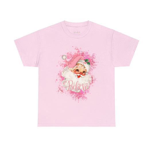 Unisex Heavy Cotton Tee PInk Santa "Believe"