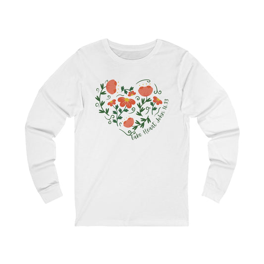 Floral Heart Long Sleeve Tee - "Take Heart John 16:33" Inspirational Shirt