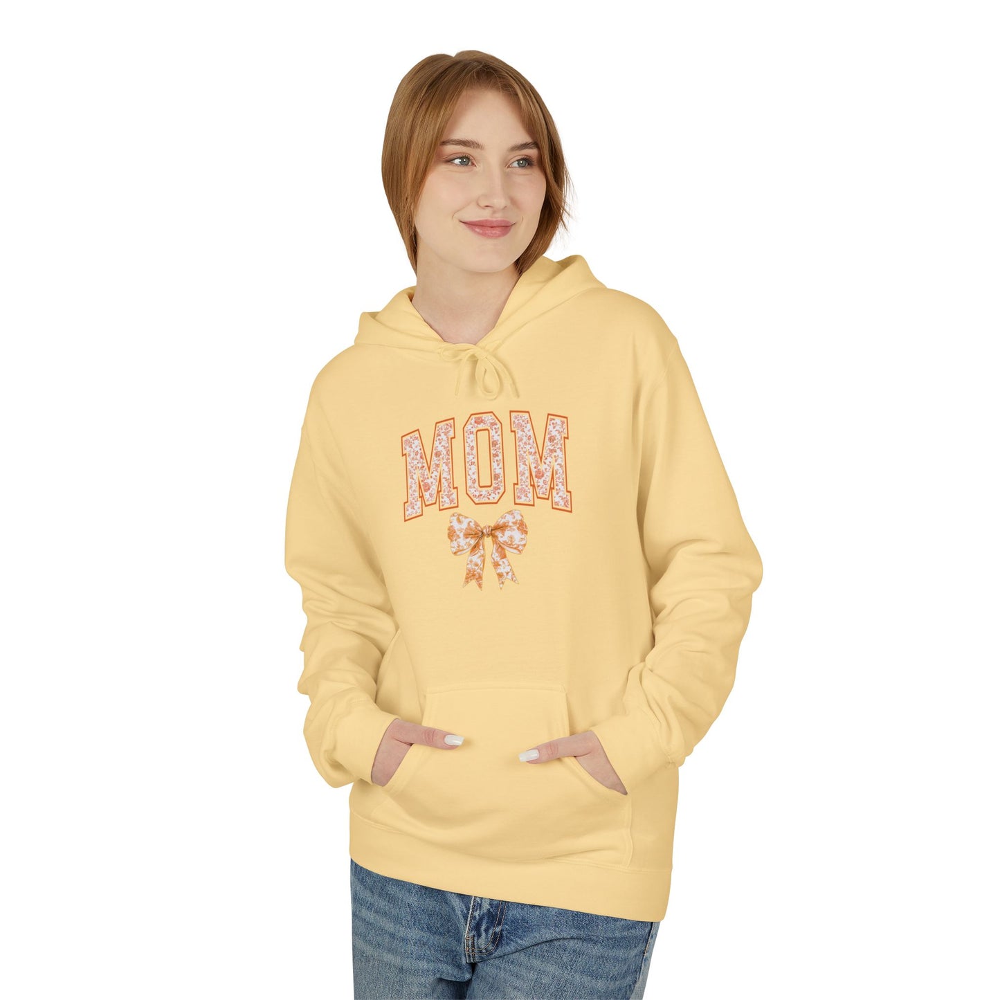 Mom Orange Chinoiserie Floral Fleece Hoodie - Softstyle Midweight Sweatshirt for Cozy Comfort