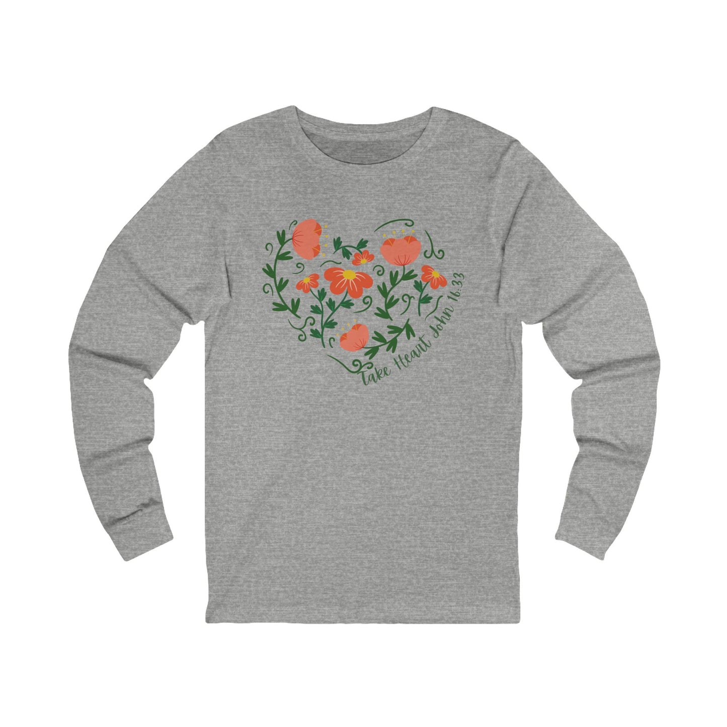 Floral Heart Long Sleeve Tee - "Take Heart John 16:33" Inspirational Shirt